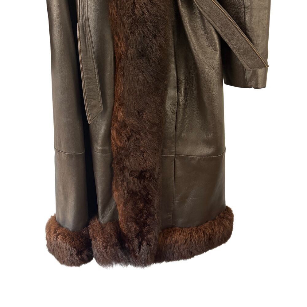 Vintage Brown Leather Hooded Fur Trim Coat Belted Size 16 Wooden Buttons - Picture 4 of 10